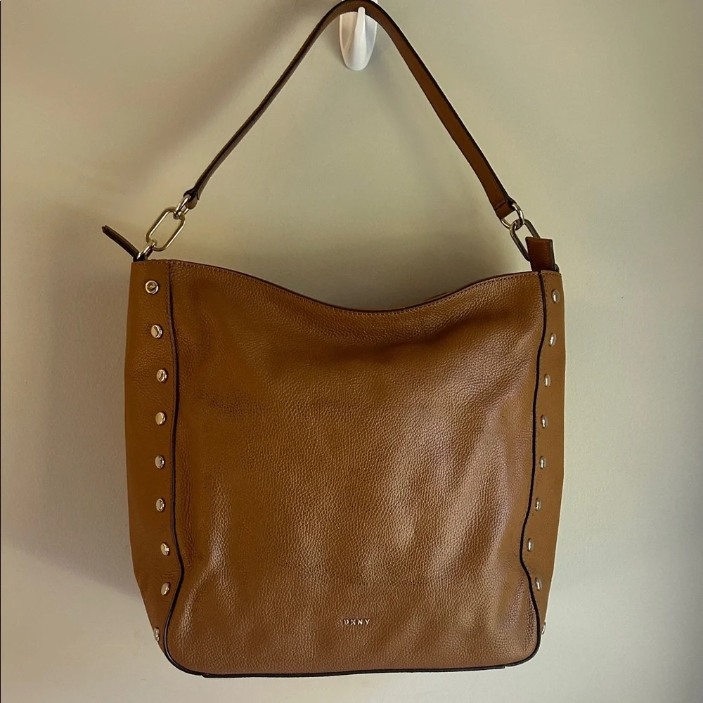 DKNY Carmel Brown Leather Studded Shoulder Bag